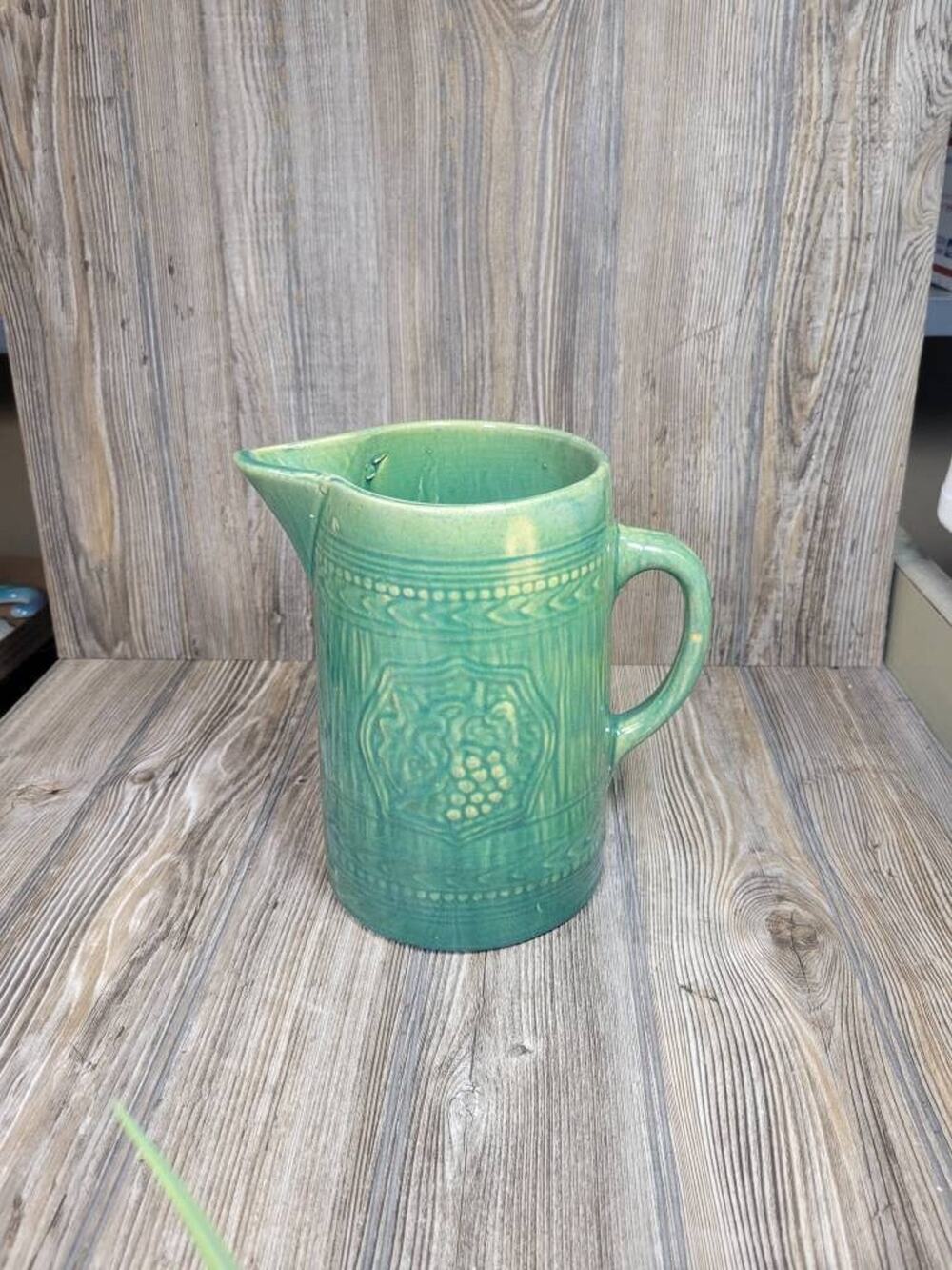 Vintage McCoy Green Pottery Pitcher 1920s Antique Grape Rope Stoneware Tankard